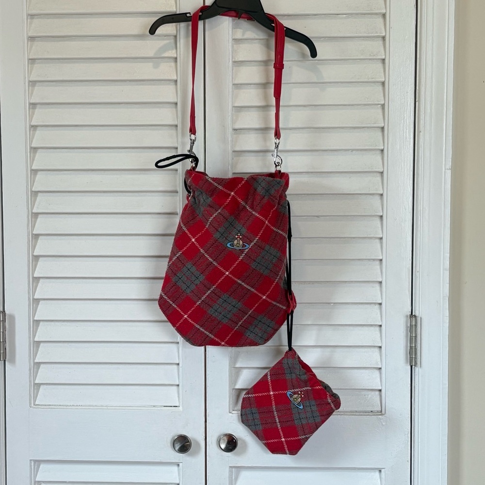 Vivienne Westwood Red and Gray Tartan Crossbody with Orb Patch